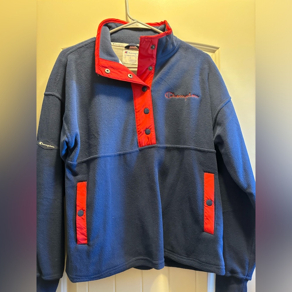 Unisex Champion buttoned pullover in Blue and Red Size Medium
